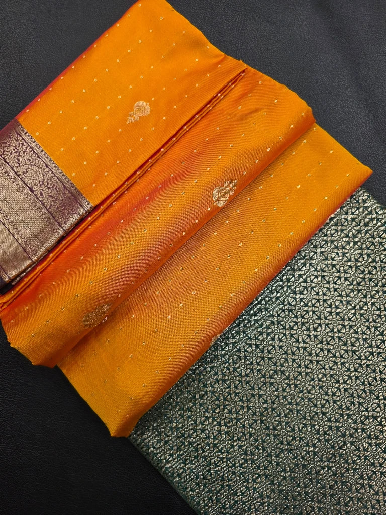 Mustard Yellow Semi Kanchipuram Silk Saree with Dark Green Contrast Zari Border & Rich Brocade Pallu