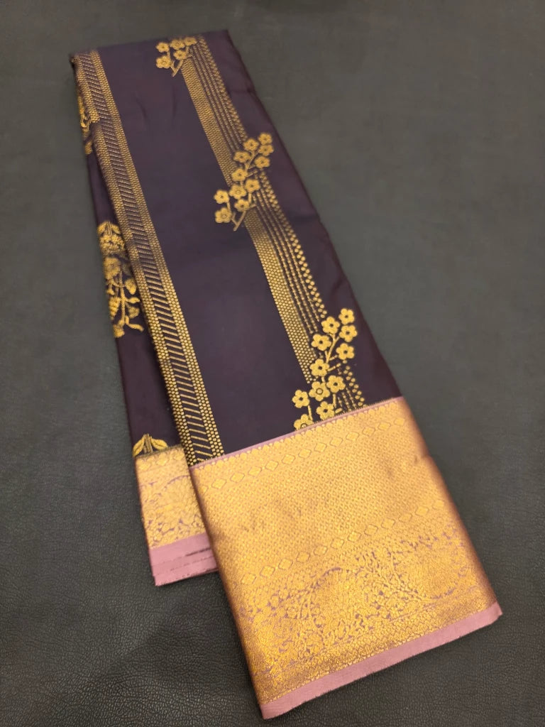 Black Semi Kanchipuram Silk Saree with Lavender Pink Contrast Zari Border & Rich Gold Pallu