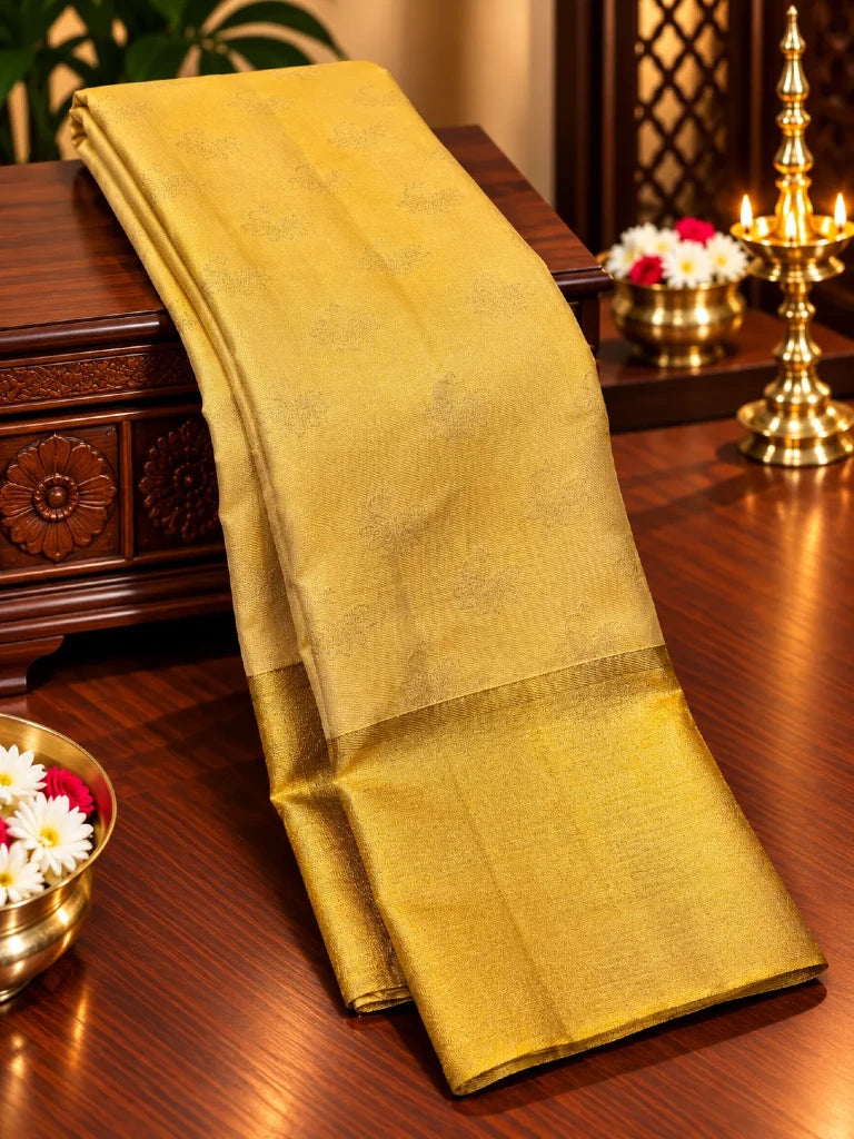 Champagne Gold Pure Kanchipuram Silk Saree with Antique Gold Zari Border | Luxury Bridal Silk Saree