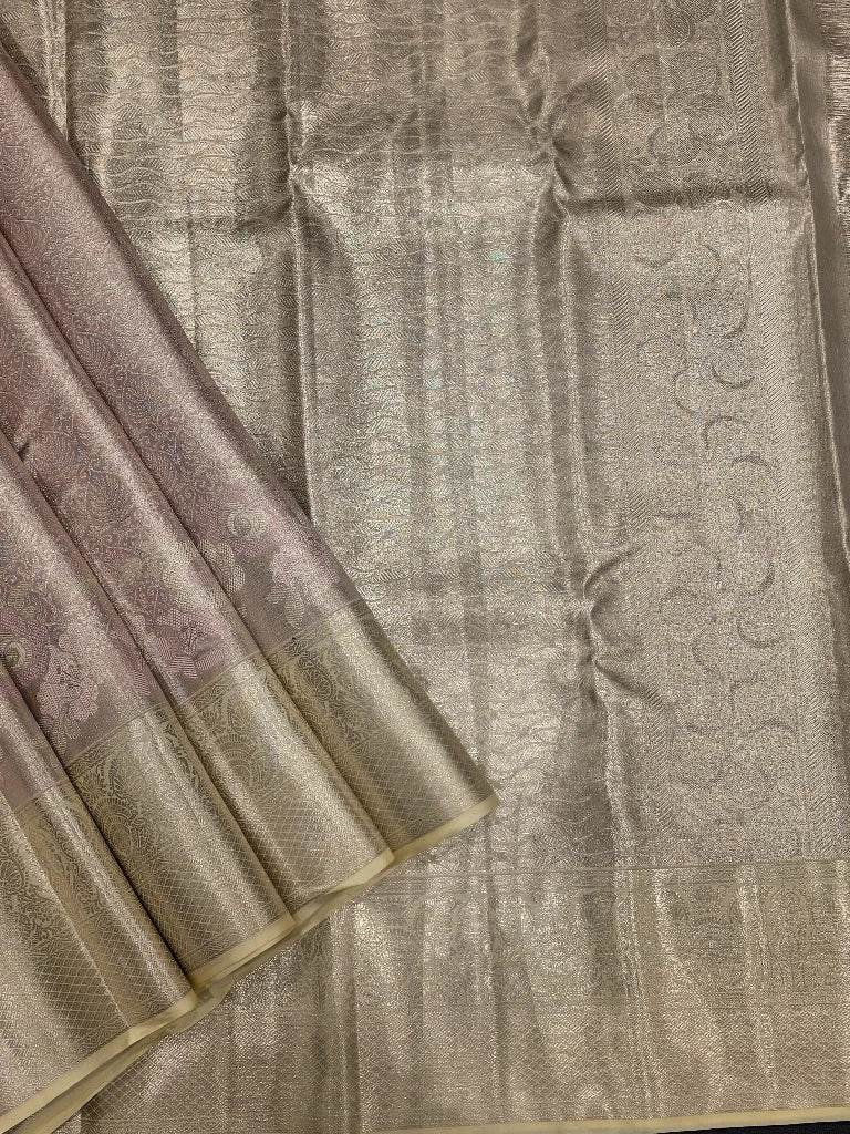 Elegant Dusty Mauve Pure Kanchipuram Silk Saree with Champagne Gold Zari Border | Bridal Silk Saree