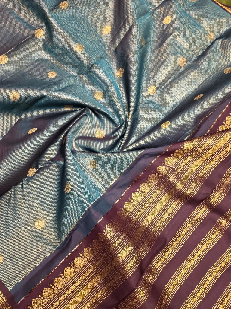 Royal Teal Blue Pure Kanchipuram Silk Saree with Wine Purple Contrast Border & Gold Zari Buttas | Bridal Silk