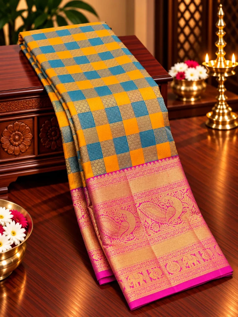 Royal Mustard Yellow & Purple Pure Kanchipuram Silk Saree with Peacock Floral Zari Border | Bridal Saree