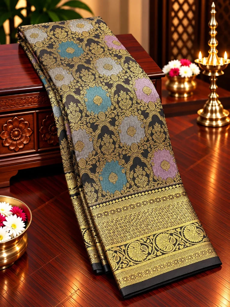 Royal Black Multicolor Floral Pure Kanchipuram Silk Saree with Rich Gold Zari Border | Bridal Silk Saree
