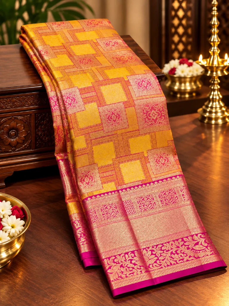 Royal Magenta & Gold Pure Kanchipuram Silk Saree with Rich Zari Border | Traditional Bridal Saree