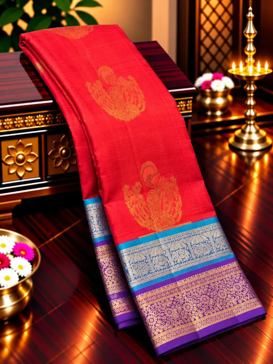 Red Pure Kanchipuram Silk Saree with Purple Peacock Zari Border & Rich Pallu | Bridal Saree