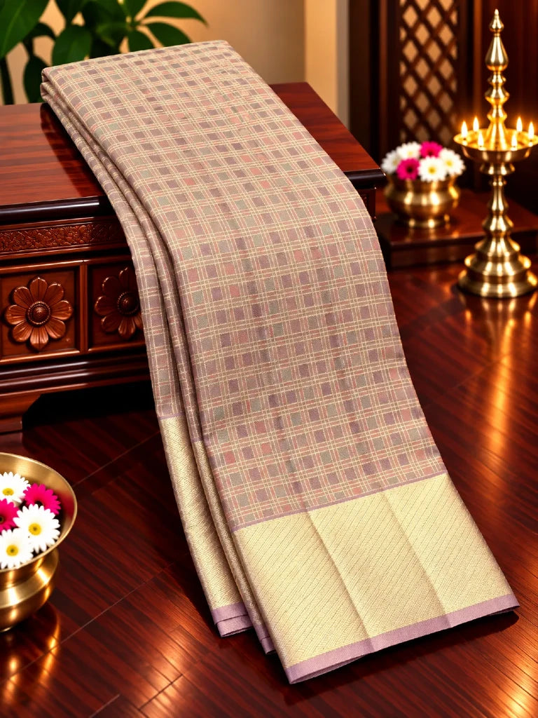 Royal Mauve Grey Pure Kanchipuram Silk Saree with Multicolour Checks & Rich Silver Zari Border | Bridal Saree