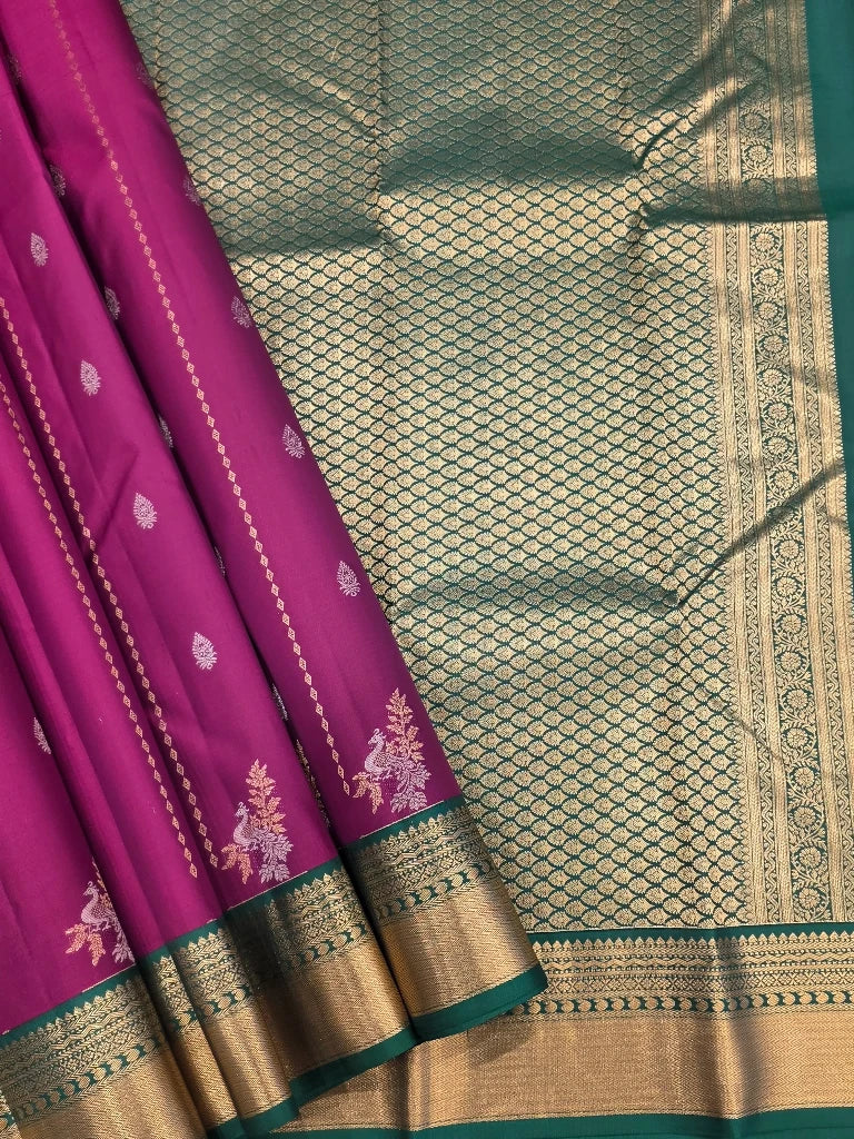 Rani Pink & Emerald Green Pure Kanchipuram Silk Saree with Peacock Zari | Bridal Saree