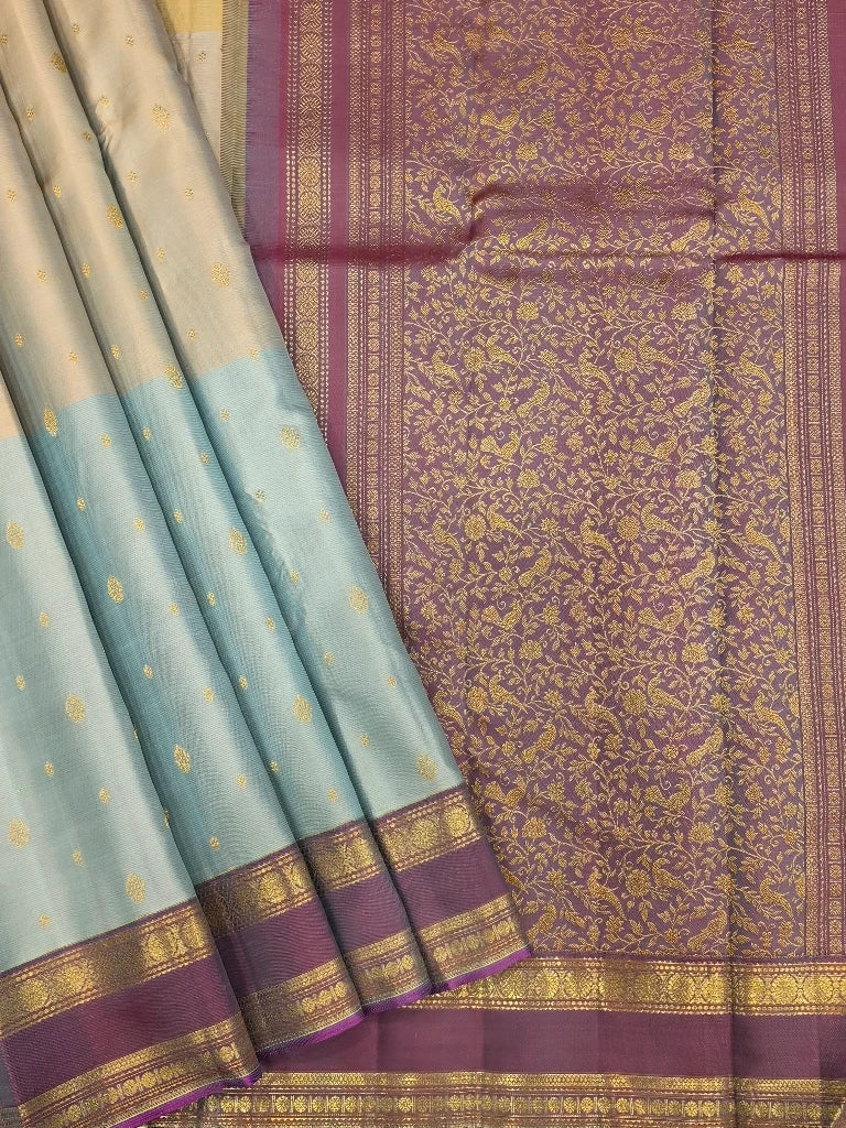 Ice Blue Pure Kanchipuram Silk Saree with Purple Gold Zari Border | Bridal Saree