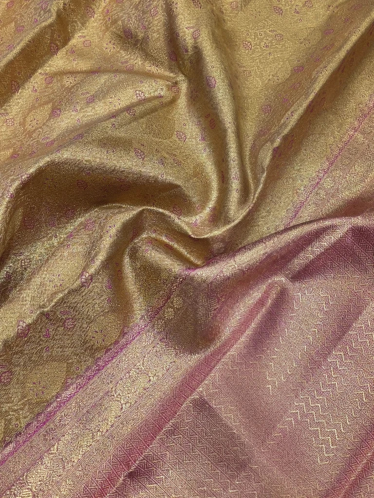 Antique Gold Pure Kanchipuram Silk Saree with Magenta Pink Zari Border & Rich Traditional Pallu