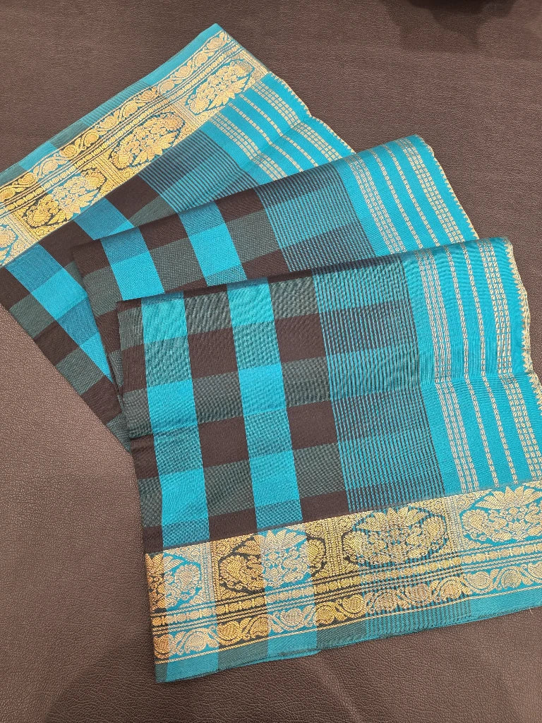 Turquoise Blue & Dark Brown Checks Semi Silk Cotton Saree with Rich Gold Zari Pallu | Kanchipuram Style