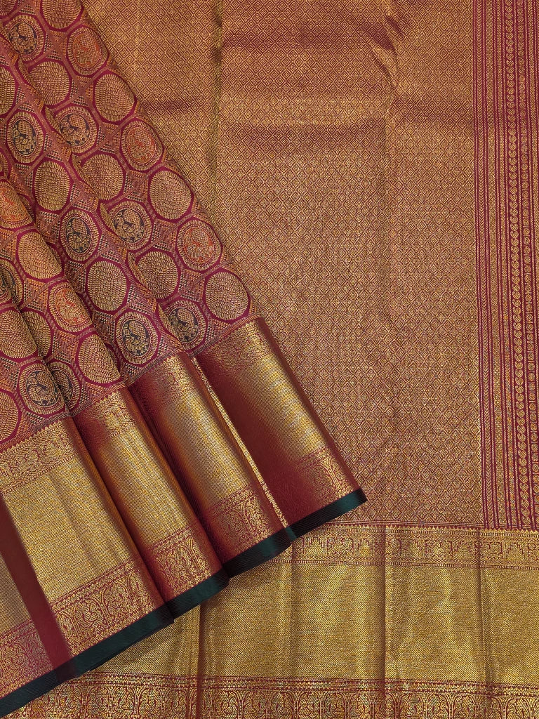 Royal Maroon Gold Zari Pure Kanchipuram Silk Saree with Traditional Coin Motifs | Bridal Silk Saree