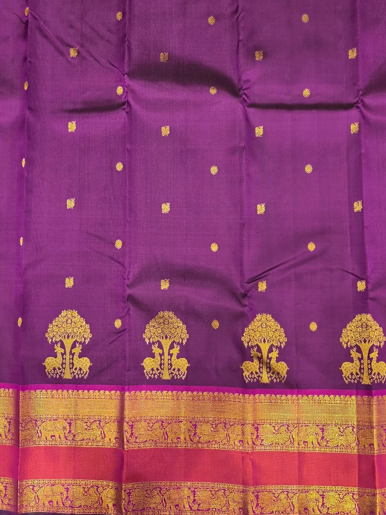 Royal Purple Pure Kanchipuram Silk Saree with Elephant & Peacock Zari Border | Bridal Saree
