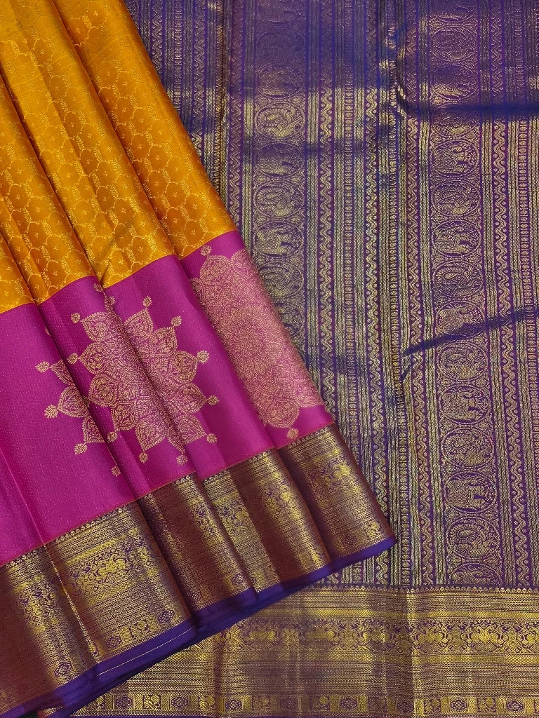 Royal Mustard Yellow Pure Kanchipuram Silk Saree with Pink & Purple Gold Zari Border | Bridal Saree