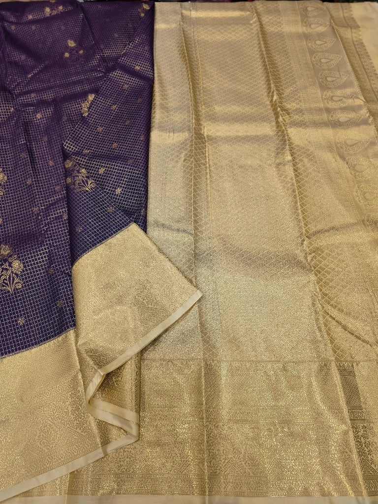 Royal Purple Semi Kanchipuram Silk Saree with Rich Gold Zari Border & Grand Golden Pallu