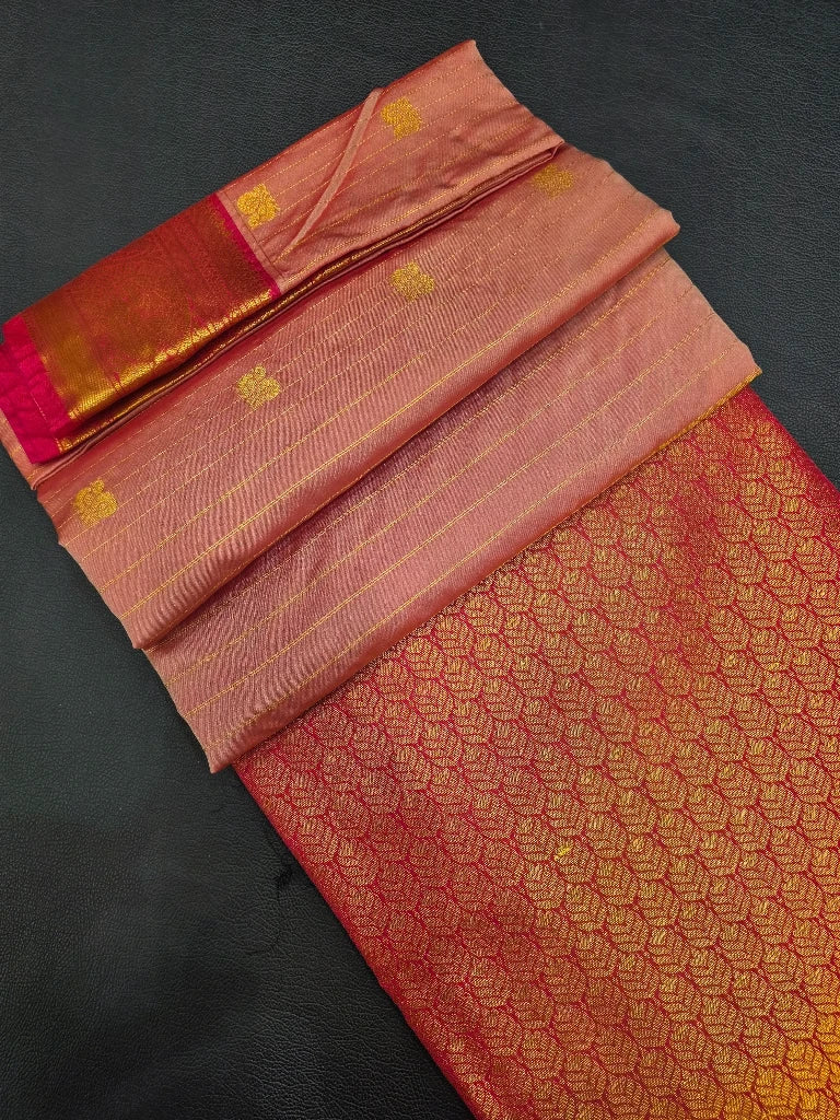 Dusty Rose Pink Semi Kanchipuram Silk Saree with Rani Pink Contrast Zari Border & Rich Gold Pallu