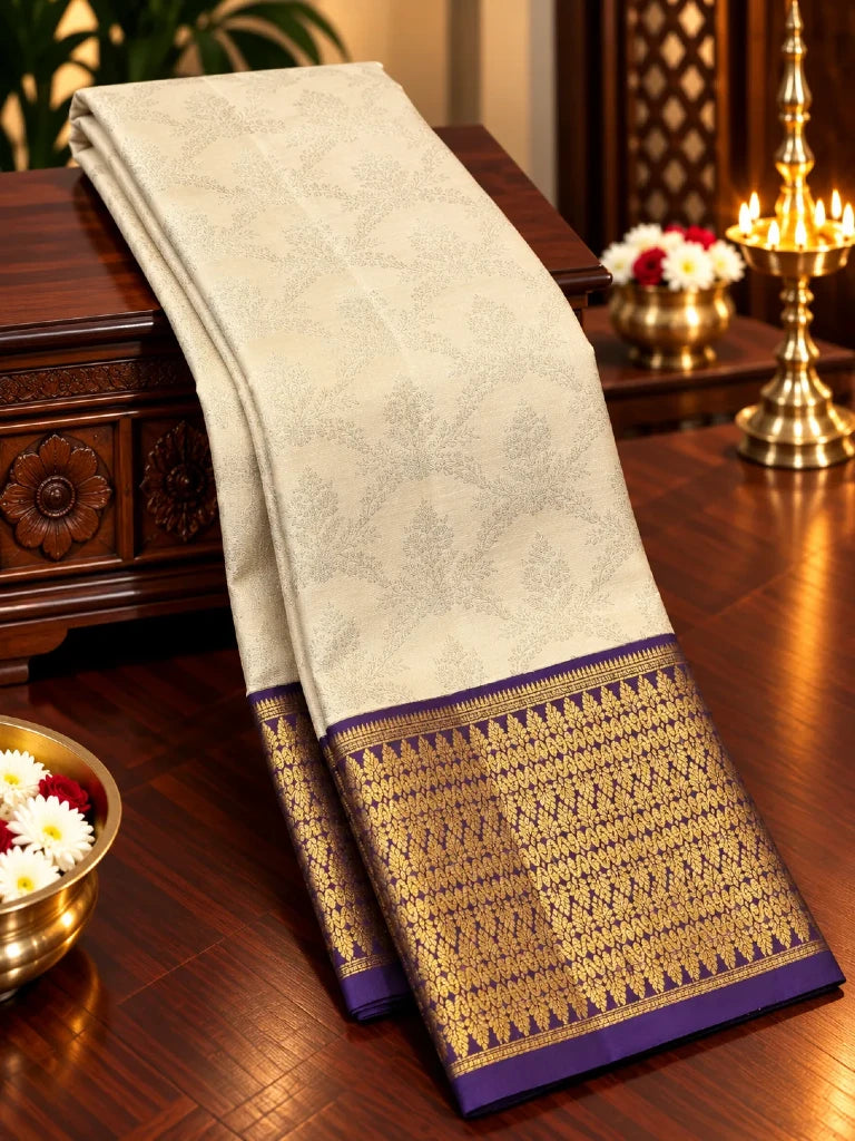 Ivory White Pure Kanchipuram Silk Saree with Royal Purple Gold Zari Border | Traditional Bridal Silk Saree