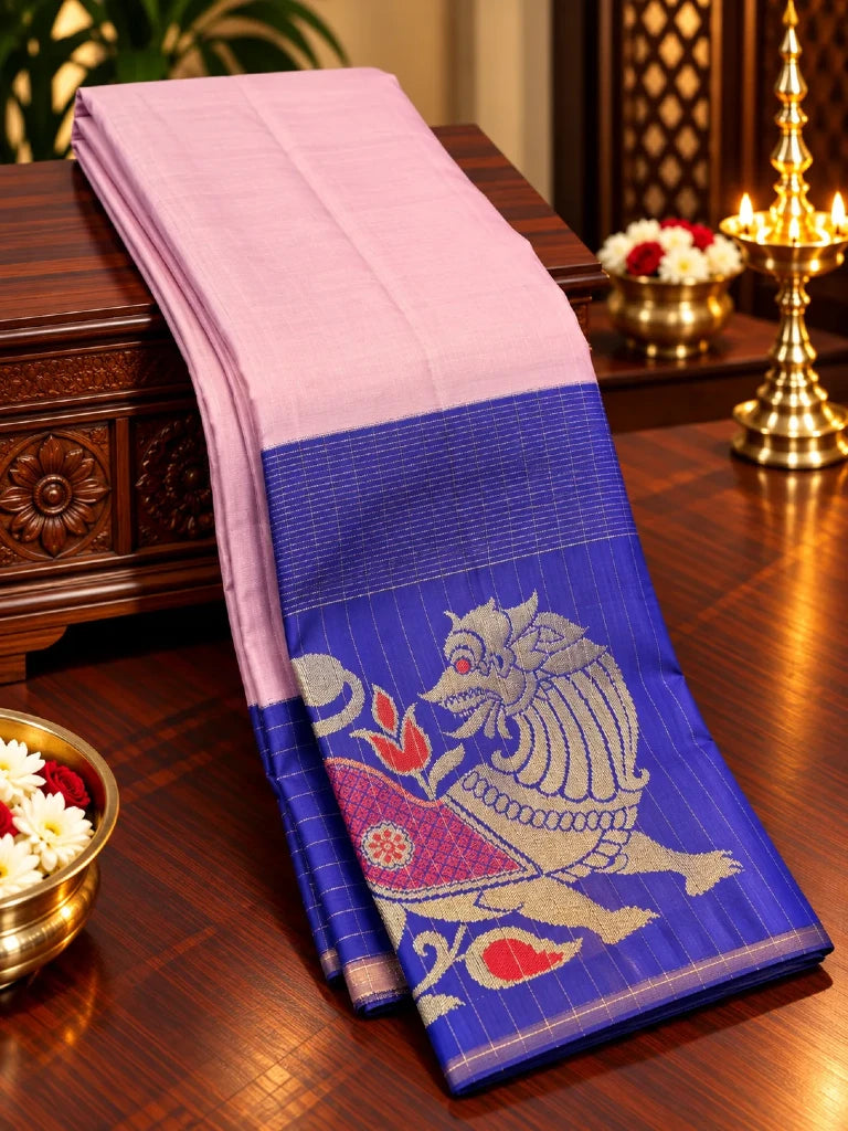 Baby Pink Pure Kanchipuram Silk Saree with Royal Blue Yali Zari Border | Traditional Bridal Saree