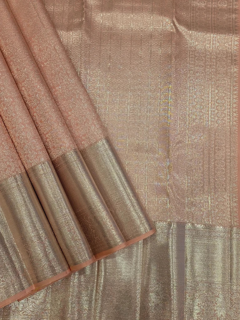 Elegant Peach Rose Gold Pure Kanchipuram Silk Saree with Rich Silver Zari Border | Bridal Silk Saree