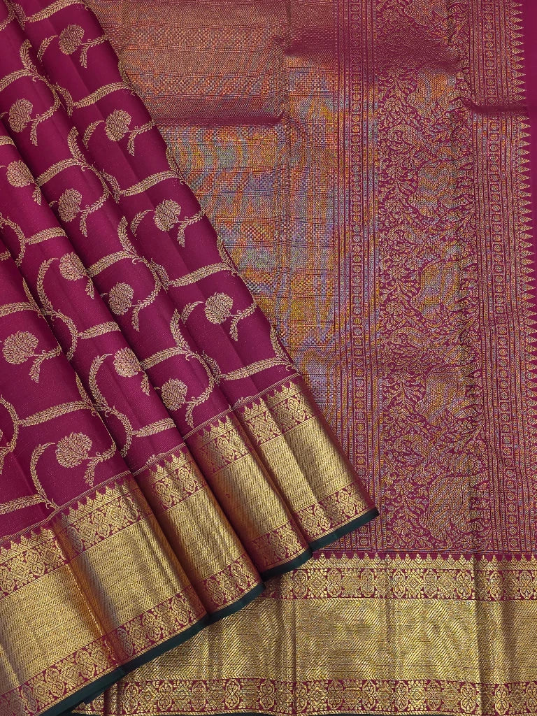 Royal Pink Pure Kanchipuram Silk Saree with Gold Zari Floral Buttas & Rich Bridal Border