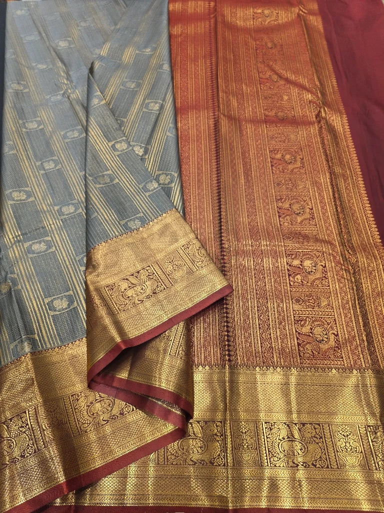 Steel Grey Semi Kanchipuram Silk Saree with Maroon Contrast Gold Zari Border & Rich Traditional Pallu