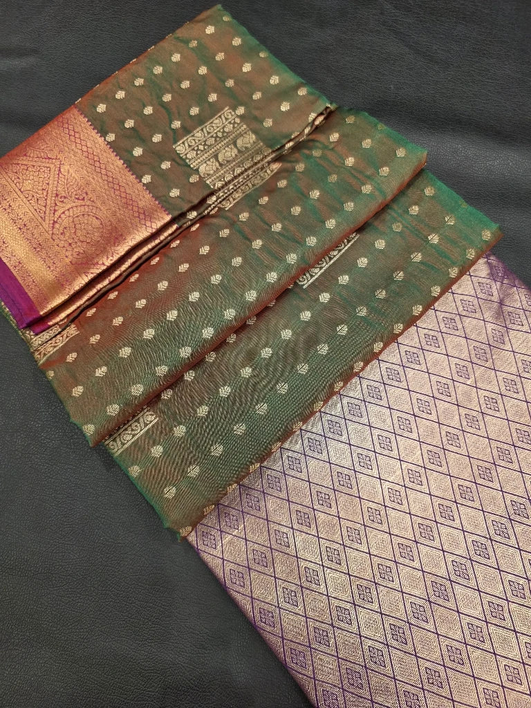 Bottle Green Semi Kanchipuram Silk Saree with Purple Gold Zari Border & Rich Pallu