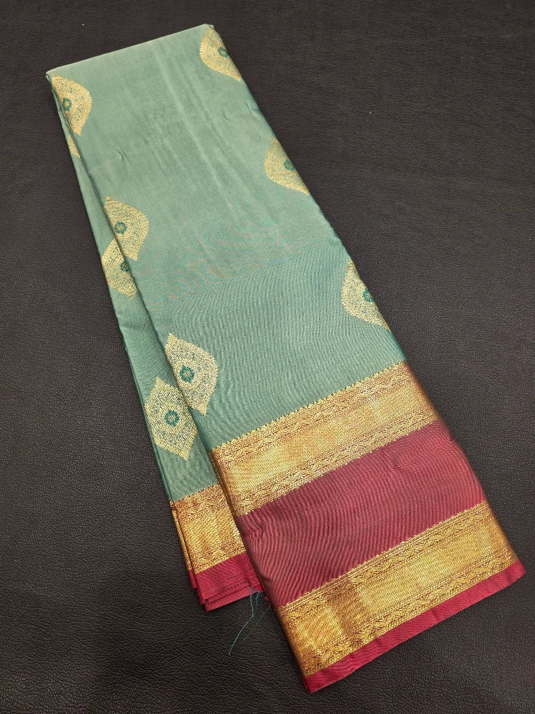 Elegant Teal Blue Semi Kanchipuram Silk Saree with Wine Maroon Gold Zari Border & Rich Pallu