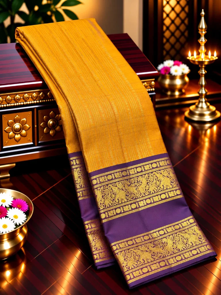 Mustard Gold & Purple Pure Kanchipuram Silk Saree with Elephant Zari Border | Bridal Saree