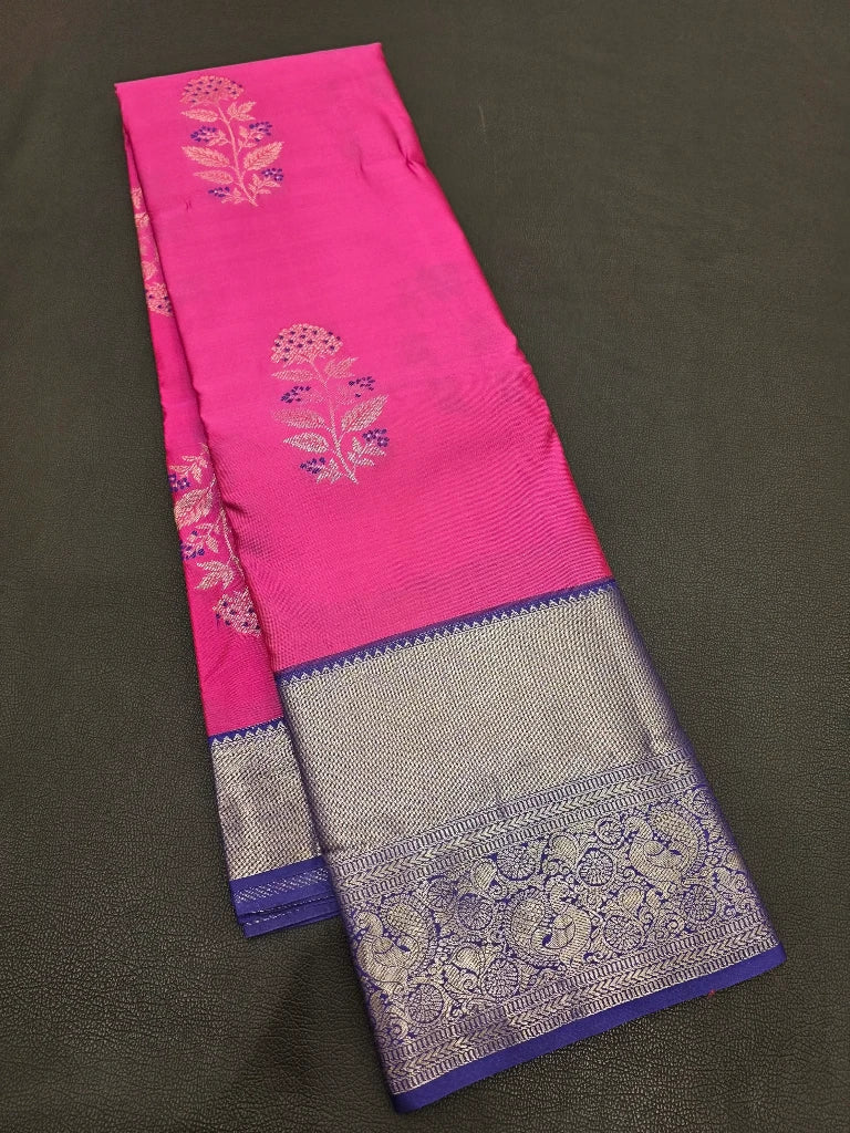 Deep Purple Semi Kanchipuram Silk Saree with Silver Zari Buttas & Rich Copper Orange Pallu