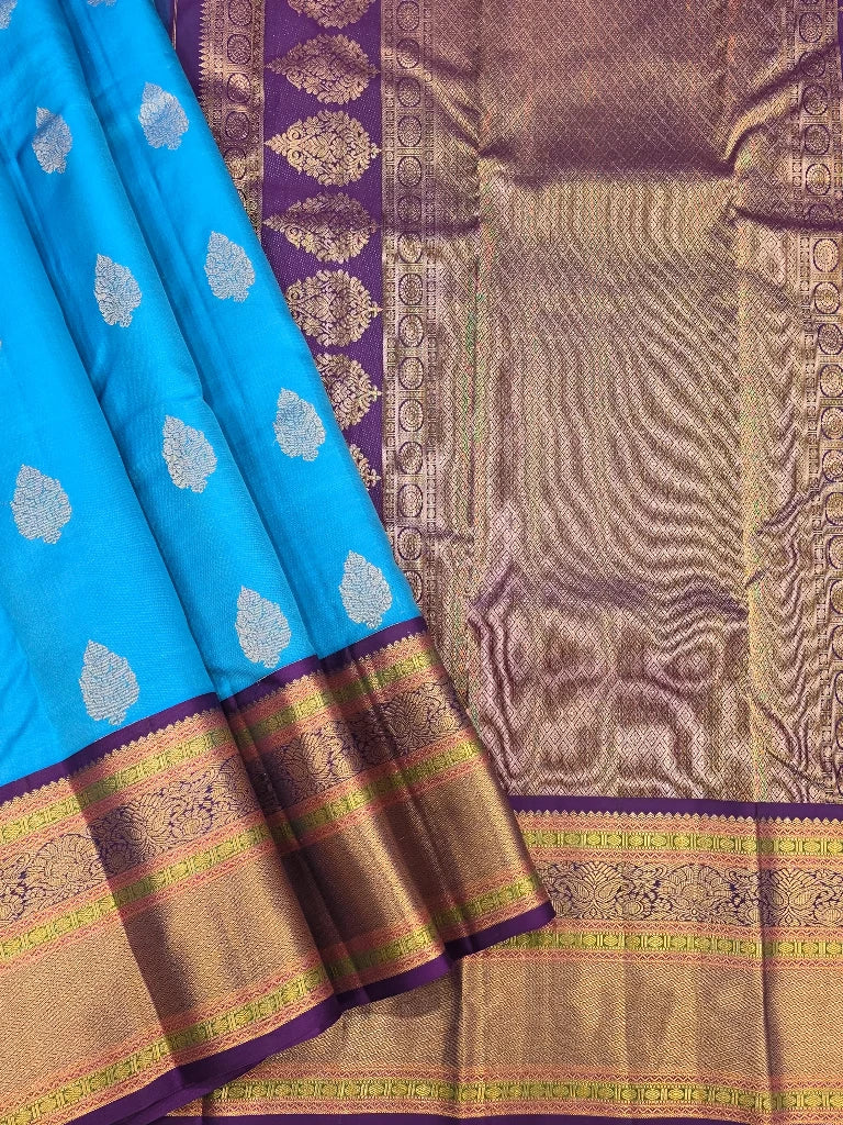 Blue Pure Kanchipuram Silk Saree with Purple Gold Zari Border | Bridal Saree