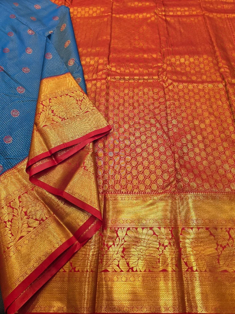 Royal Blue Semi Kanchipuram Silk Saree with Red Orange Gold Zari Border & Rich Floral Pallu
