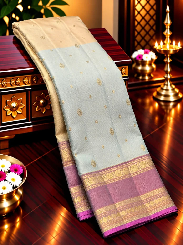 Ice Blue Pure Kanchipuram Silk Saree with Purple Gold Zari Border | Bridal Saree