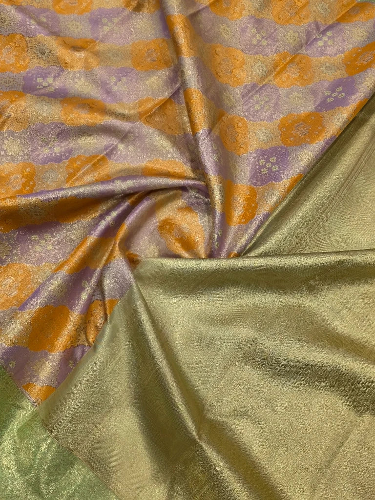 Multicolor Floral Pure Kanchipuram Silk Saree with Sage Green Zari Border & Rich Gold Pallu
