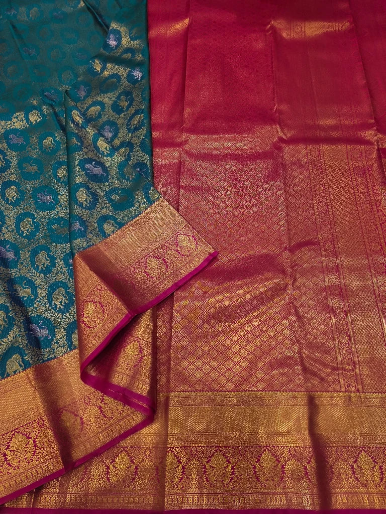 Peacock Teal Blue Semi Kanchipuram Silk Saree with Magenta Pink Gold Zari Border & Rich Pallu