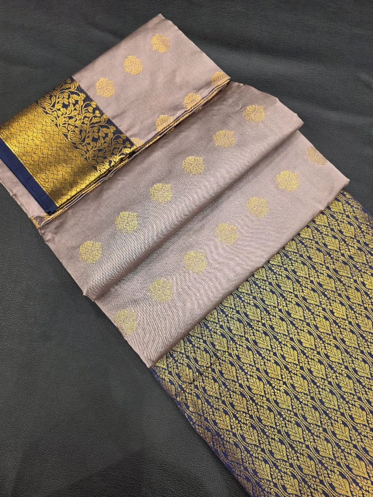 Silver Grey Semi Kanchipuram Silk Saree with Navy Blue Gold Zari Border & Rich Pallu