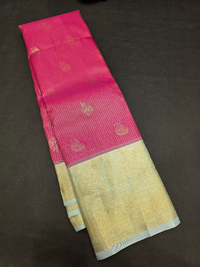 Rani Pink Semi Kanchipuram Silk Saree with Ice Blue Gold Zari Border & Floral Brocade Pallu