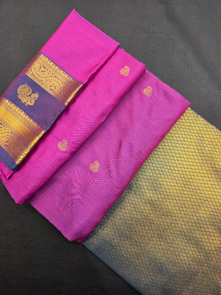 Rani Pink Semi Kanchipuram Silk Saree with Royal Blue Contrast Zari Border & Rich Brocade Pallu