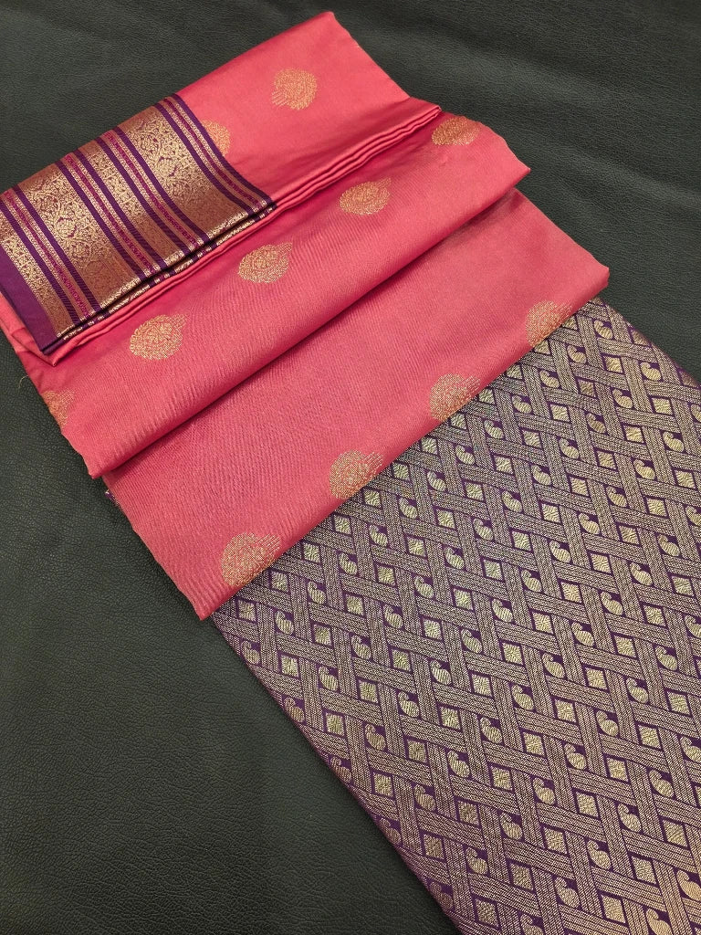 Coral Pink Semi Kanchipuram Silk Saree with Purple Gold Zari Border & Rich Pallu