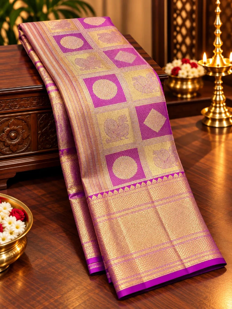 Royal Purple Pure Kanchipuram Silk Saree with Rich Gold Zari Border | Traditional Bridal Saree