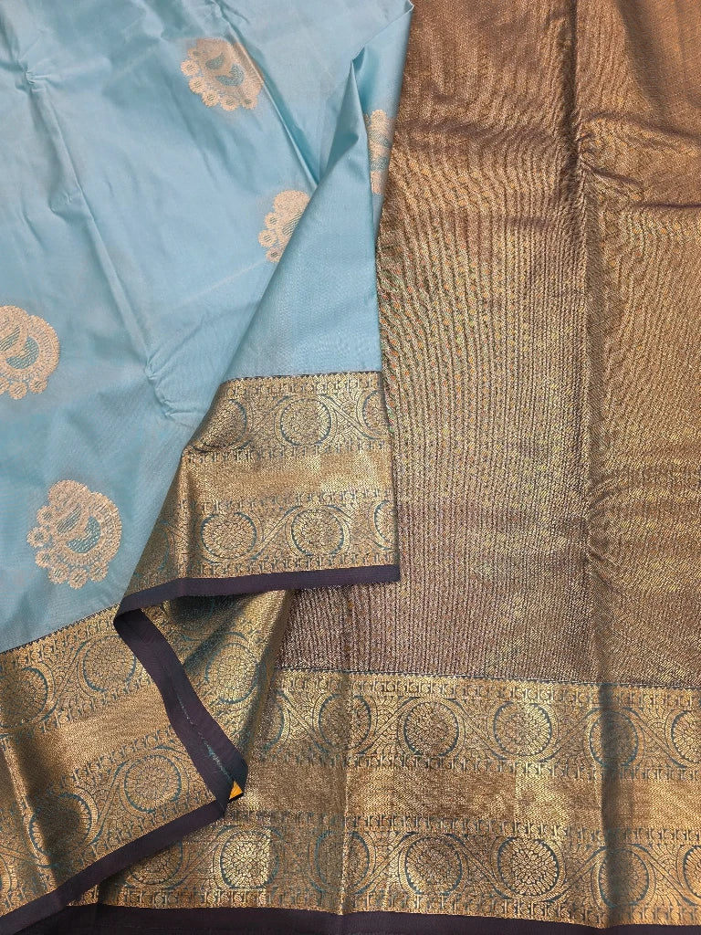 Sky Blue Semi Kanchipuram Silk Saree with Antique Gold Zari Border & Rich Brocade Pallu