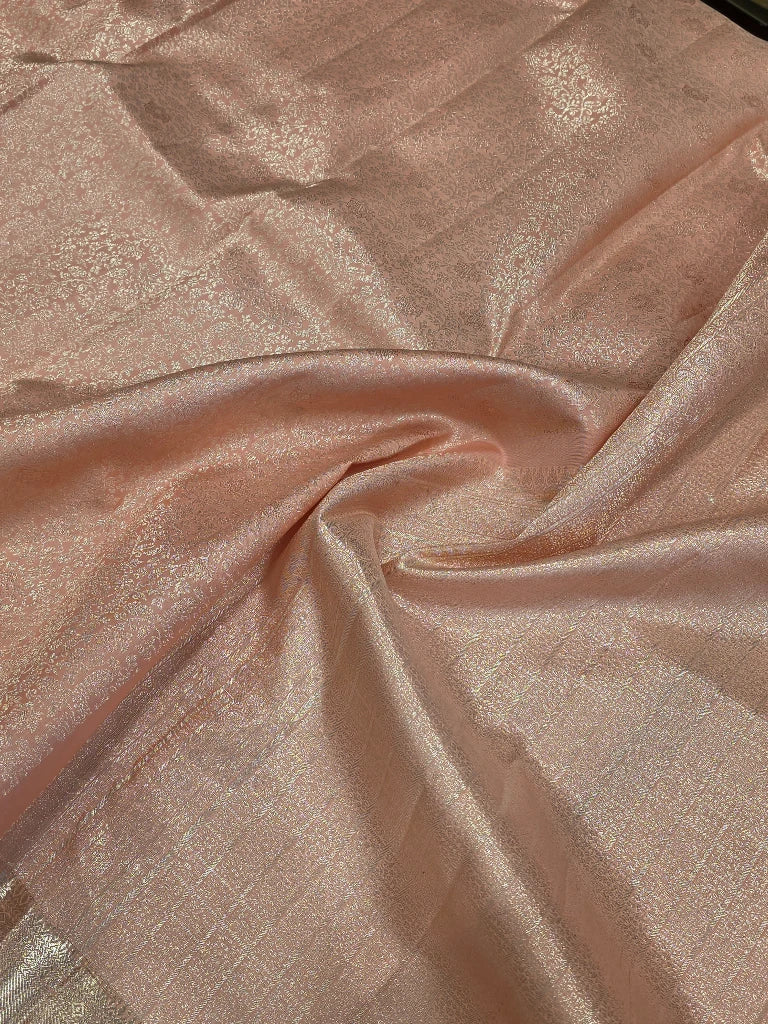 Elegant Peach Rose Gold Pure Kanchipuram Silk Saree with Rich Silver Zari Border | Bridal Silk Saree