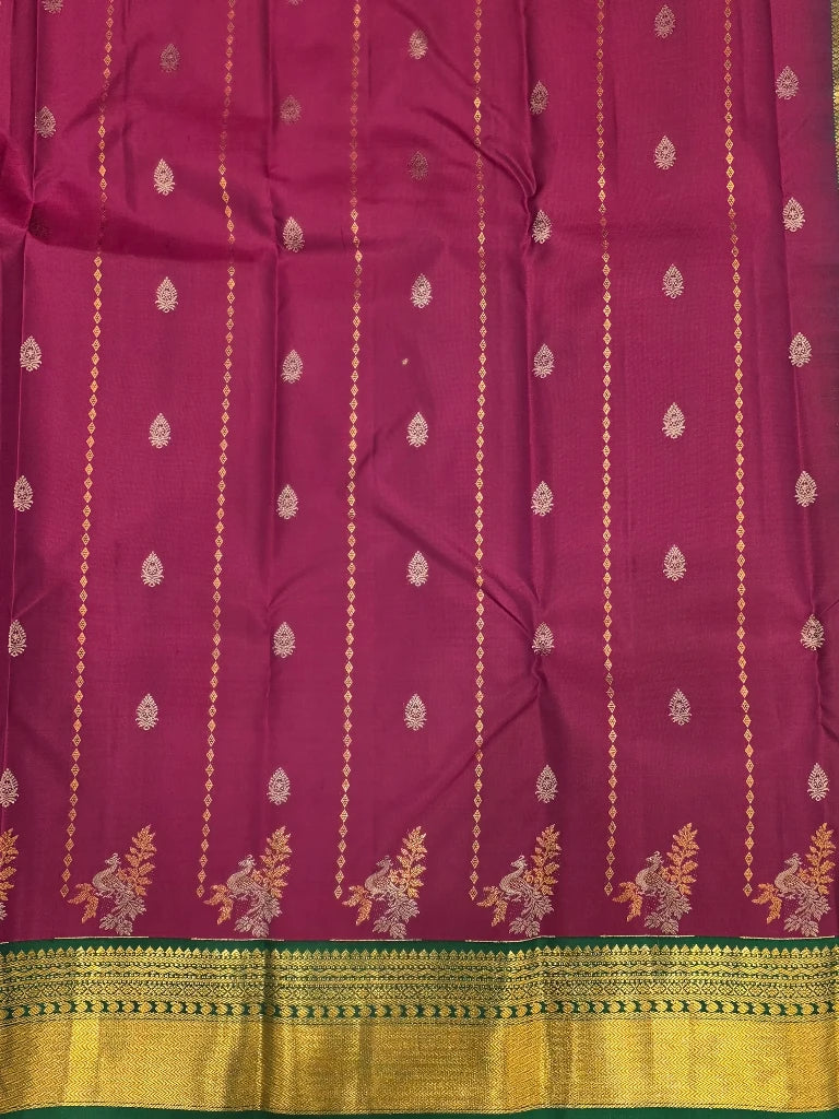 Rani Pink & Emerald Green Pure Kanchipuram Silk Saree with Peacock Zari | Bridal Saree