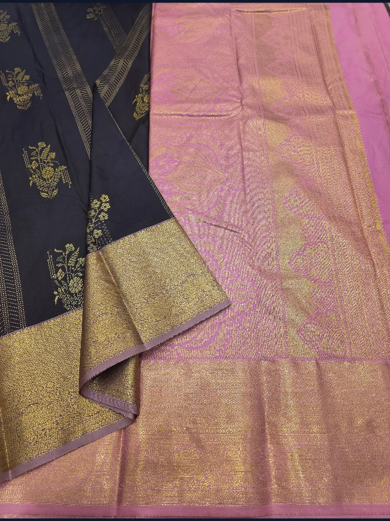 Black Semi Kanchipuram Silk Saree with Lavender Pink Contrast Zari Border & Rich Gold Pallu