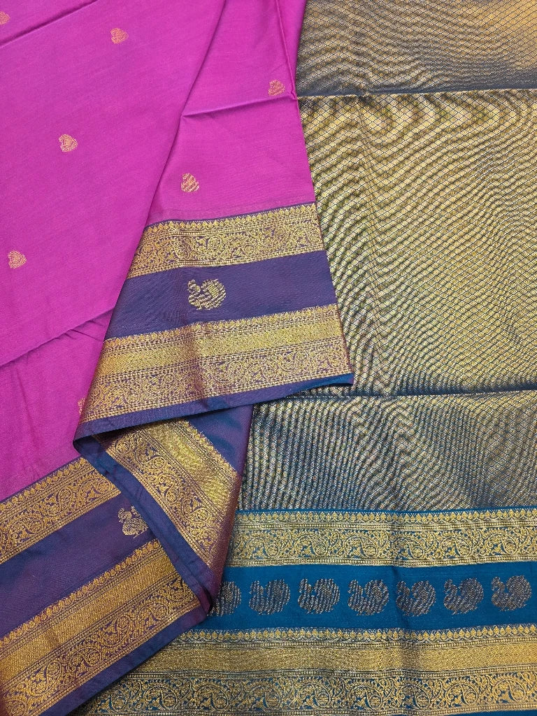 Rani Pink Semi Kanchipuram Silk Saree with Royal Blue Contrast Zari Border & Rich Brocade Pallu