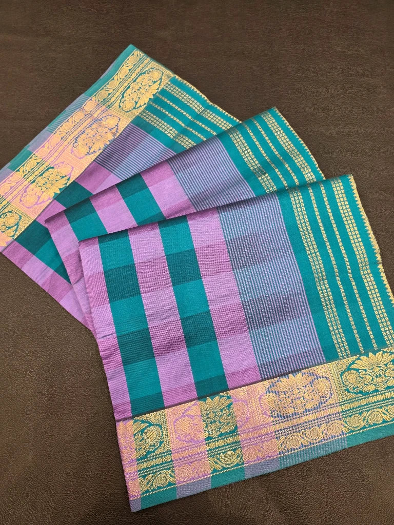 Peacock Blue & Lavender Pink Checks Semi Silk Cotton Saree with Rich Gold Zari Pallu | Kanchipuram Style