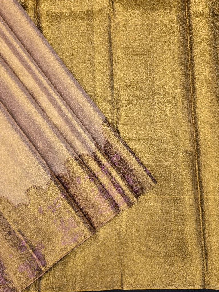 Champagne Gold Pure Kanchipuram Silk Saree with Antique Gold Zari Floral Border | Luxury Bridal Saree