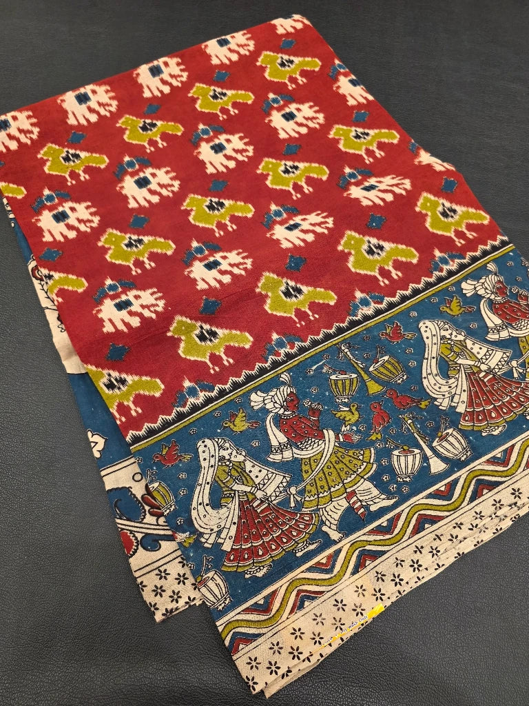 Rust Red Kalamkari Saree with Peacock Pallu & Traditional Folk Art Border | Ethnic Printed Saree