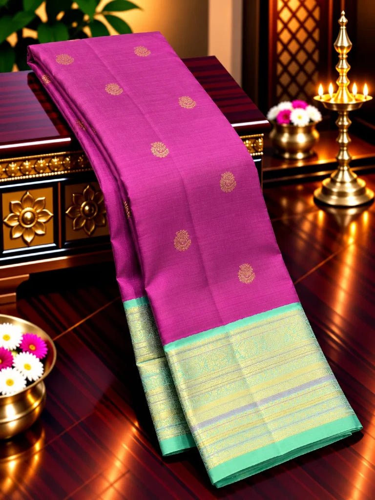 Rani Pink & Green Pure Kanchipuram Silk Saree with Rich Gold Zari Pallu | Bridal Saree