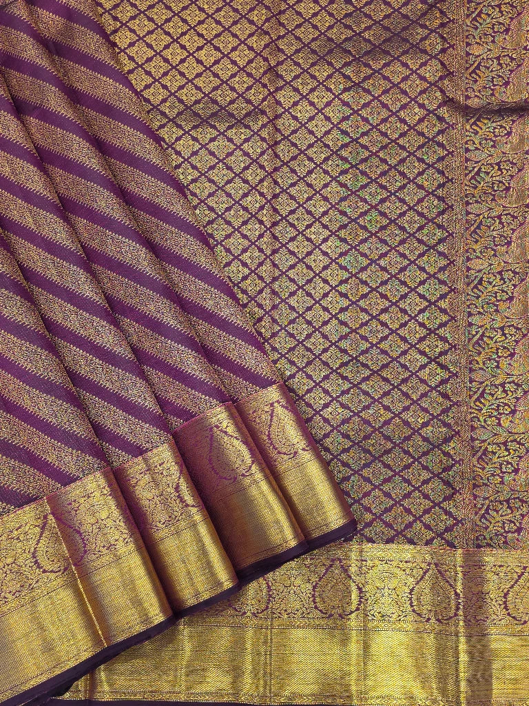 Royal Purple Pure Kanchipuram Silk Saree with Antique Gold Zari Border & Rich Floral Pallu | Bridal Collection