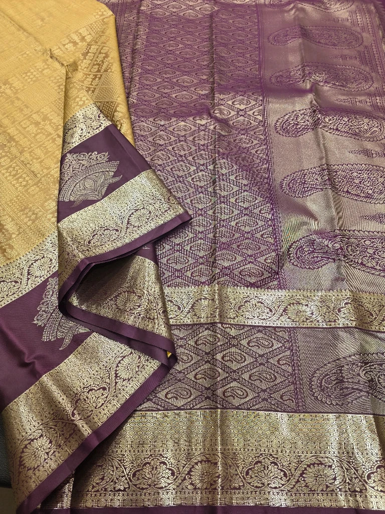 Golden Beige Semi Kanchipuram Silk Saree with Wine Purple Contrast Zari Border & Rich Paisley Pallu
