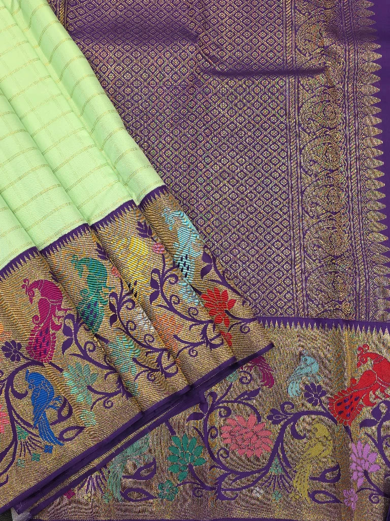 Pista Green Pure Kanchipuram Silk Saree with Purple Meenakari Peacock Border & Rich Gold Zari Pallu